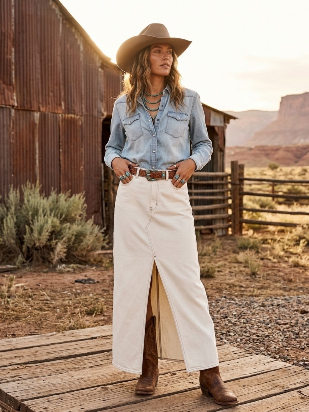 Blank NYC Cream Maxi denim Skirt Front Slit pockets 28 brown trim